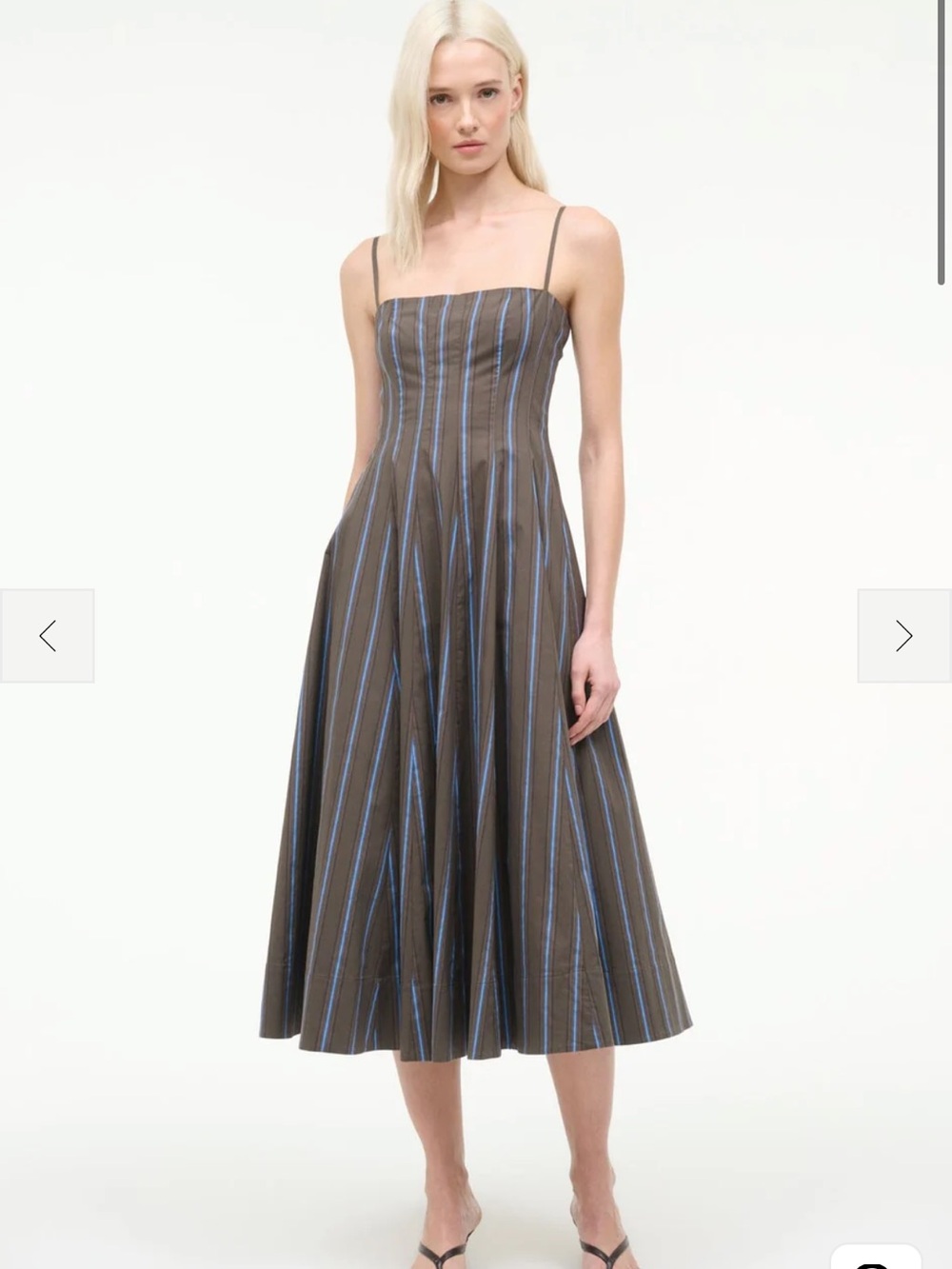 STAUD Brown Midi Dress with Blue Pinstripes